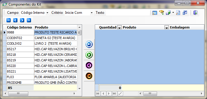 tela vínculo dos COMPONENTES DO KIT AO PRODUTO